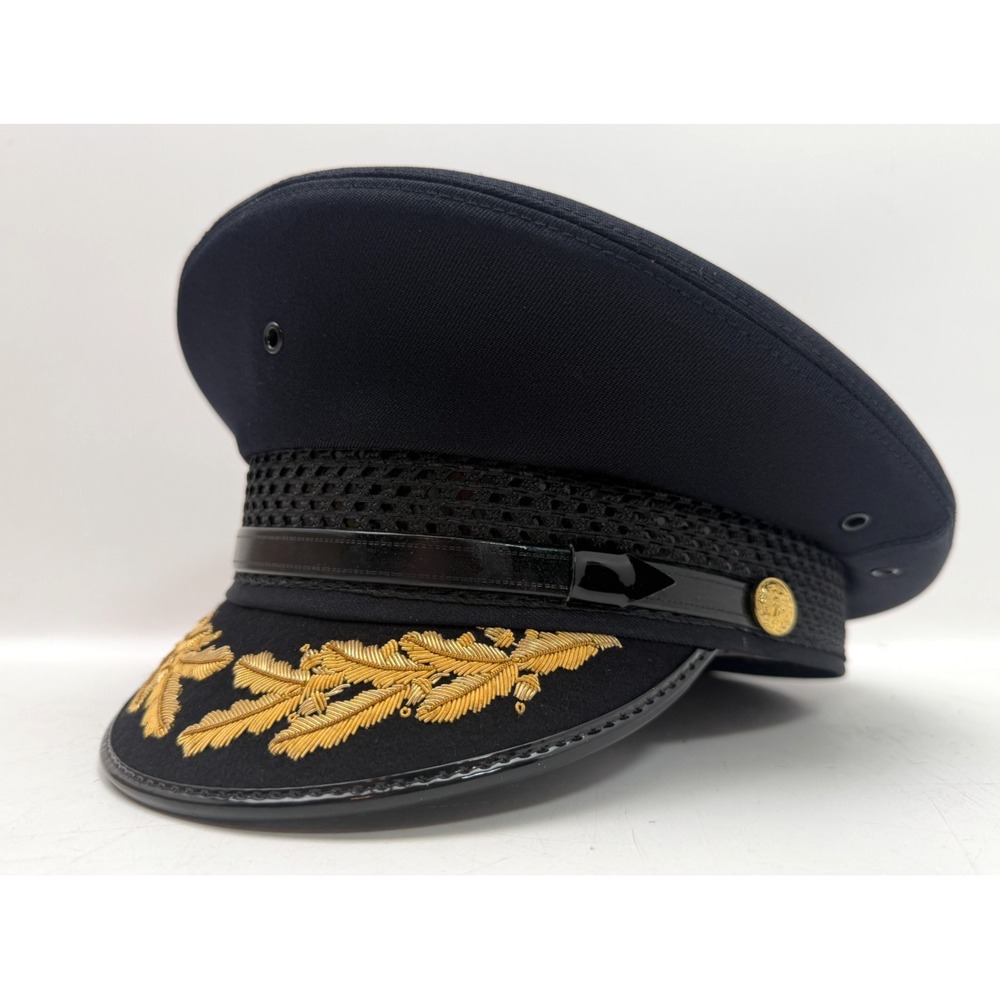 Midway Cap Co 5-Star Police Chief Visor Hat Navy Gold Felt Oak Leaf Strap 7 1/2"
